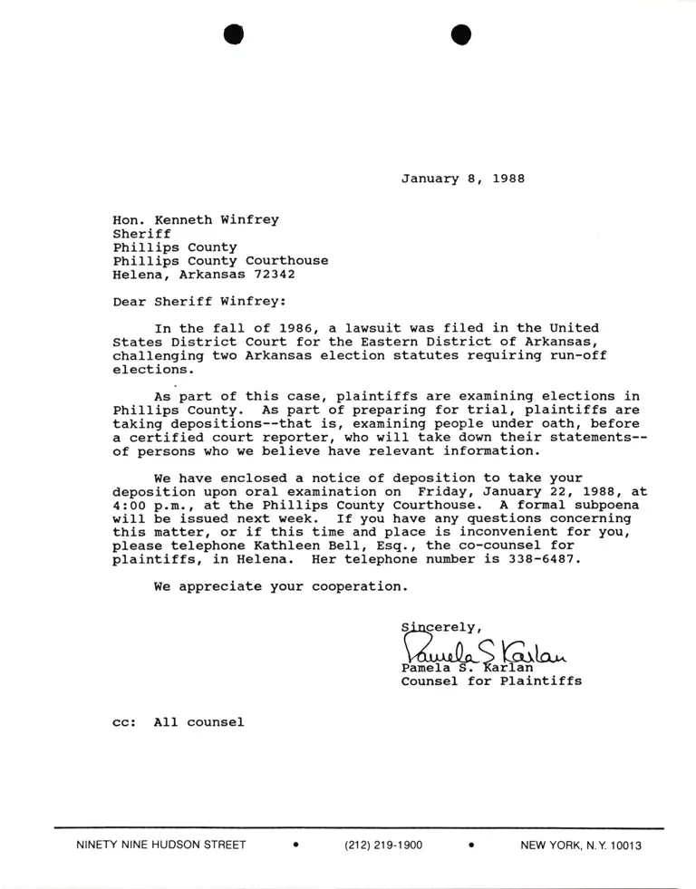 Correspondence from Pamela Karlan to Sheriff Kenneth Winfrey Re Whitfield v. Clinton preview