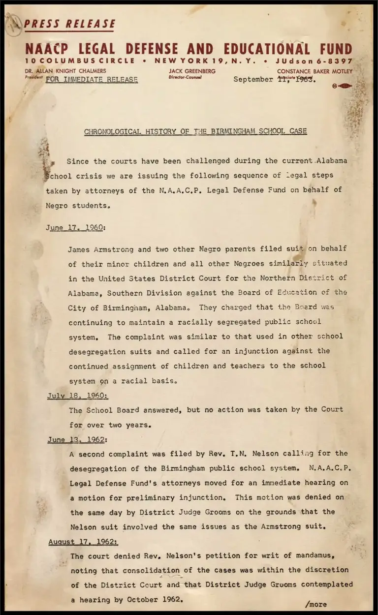 Chronological History of the Birmingham School Case (Armstrong v. Board of Education) preview