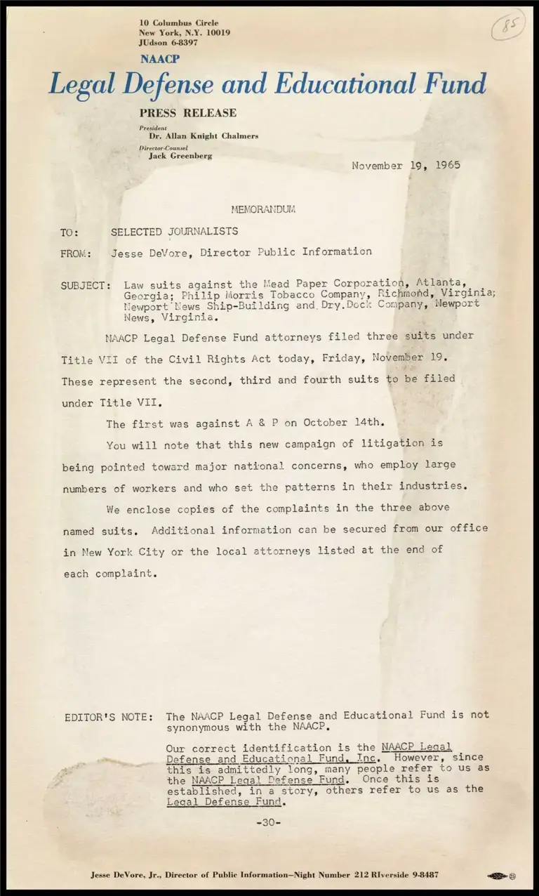 Lawsuits Against the Mead Paper Corporation, Atlanta, GA; Philip Morris Tobacco Company, Richmond, VA; Newport News Ship-Building and Dry Dock Company, Newport, VA preview