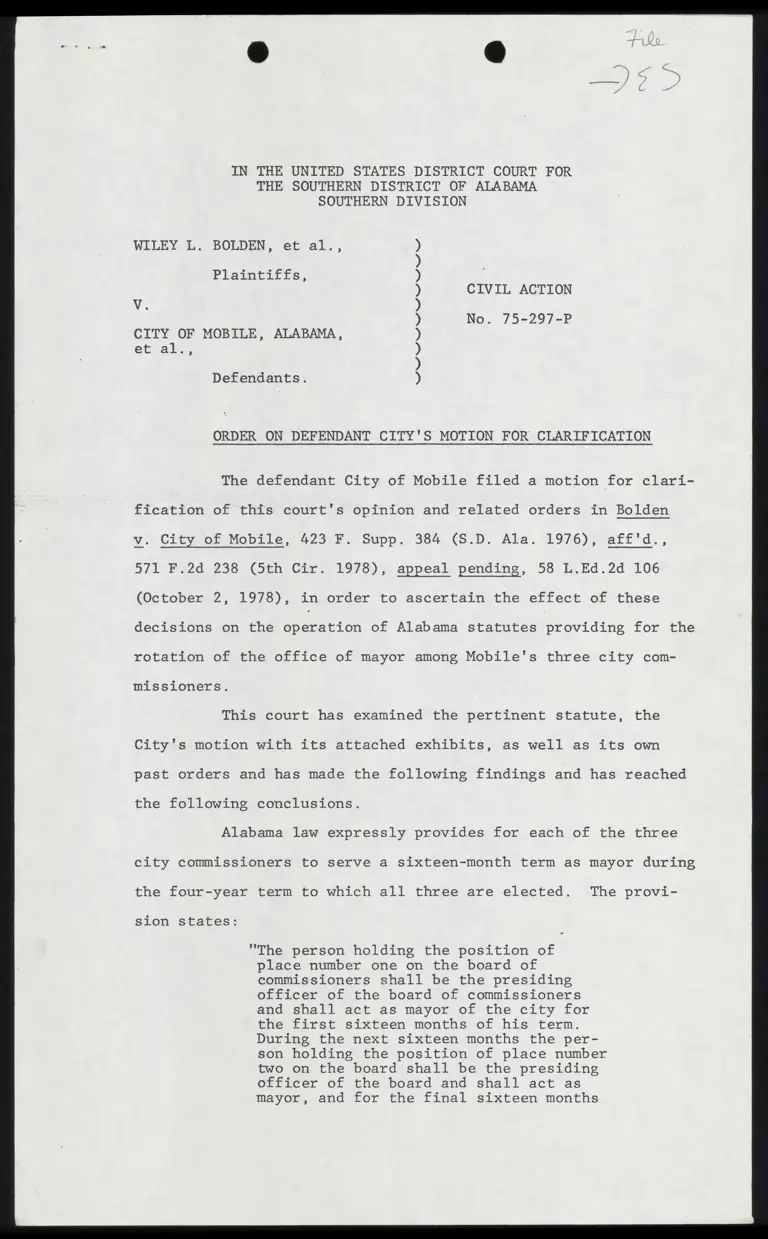 Order on Defendant City's Motion for Clarification preview