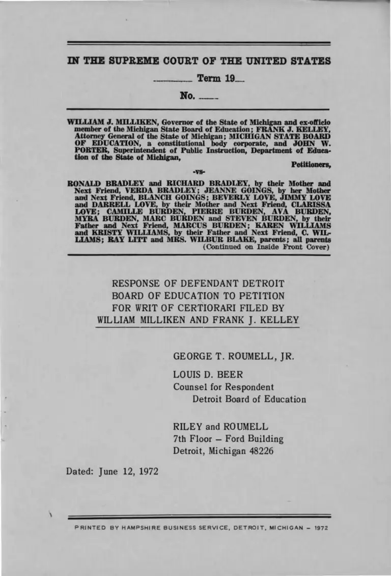 Response of Defendant Detroit Board of Education to Petition for Writ of Certiorari Filed by William Milliken and Frank J. Kelley preview