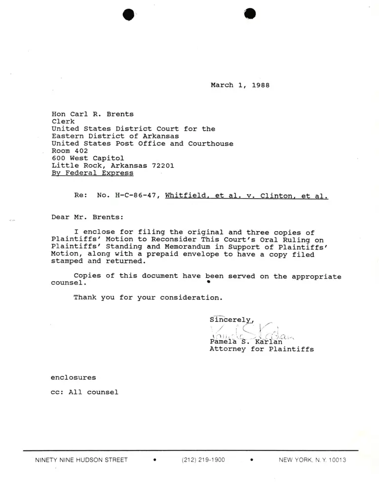 Correspondence from Pamela Karlan to Carl R. Brents (Clerk) Re: Whitfield v. Clinton preview
