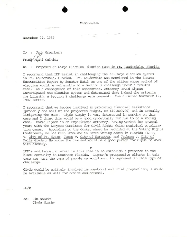 Memo from Lani Guinier to Jack Greenberg re Proposed At-Large Election Dilution Case in Ft. Lauderdale preview