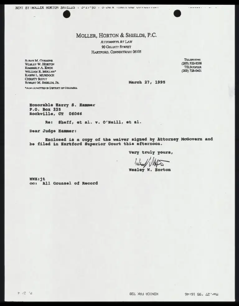 Correspondence from Horton to Judge Hammer Re: McGovern Waiver preview