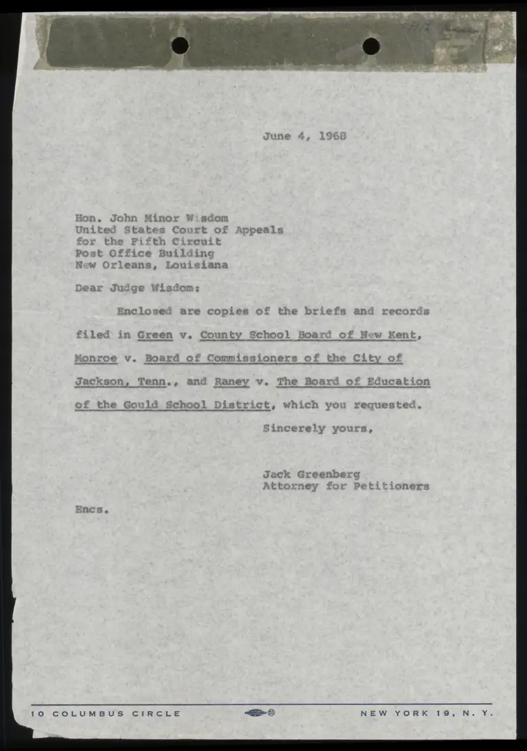 Correspondence from Greenberg to Judge Wisdom preview