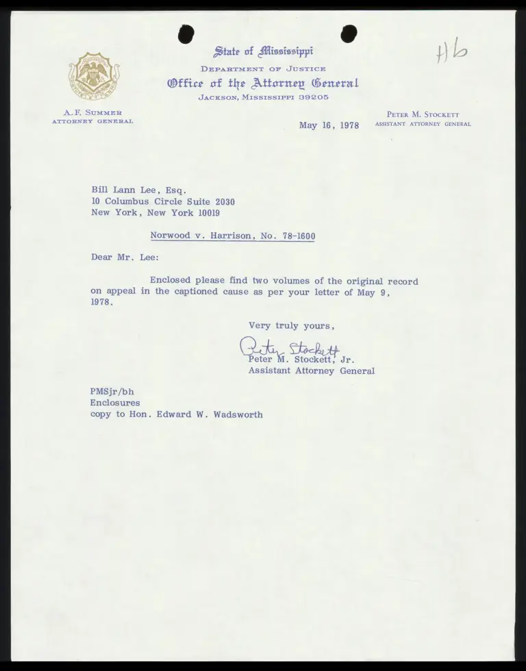 Correspondence from Stockett to Lee Re: Record on Appeal preview