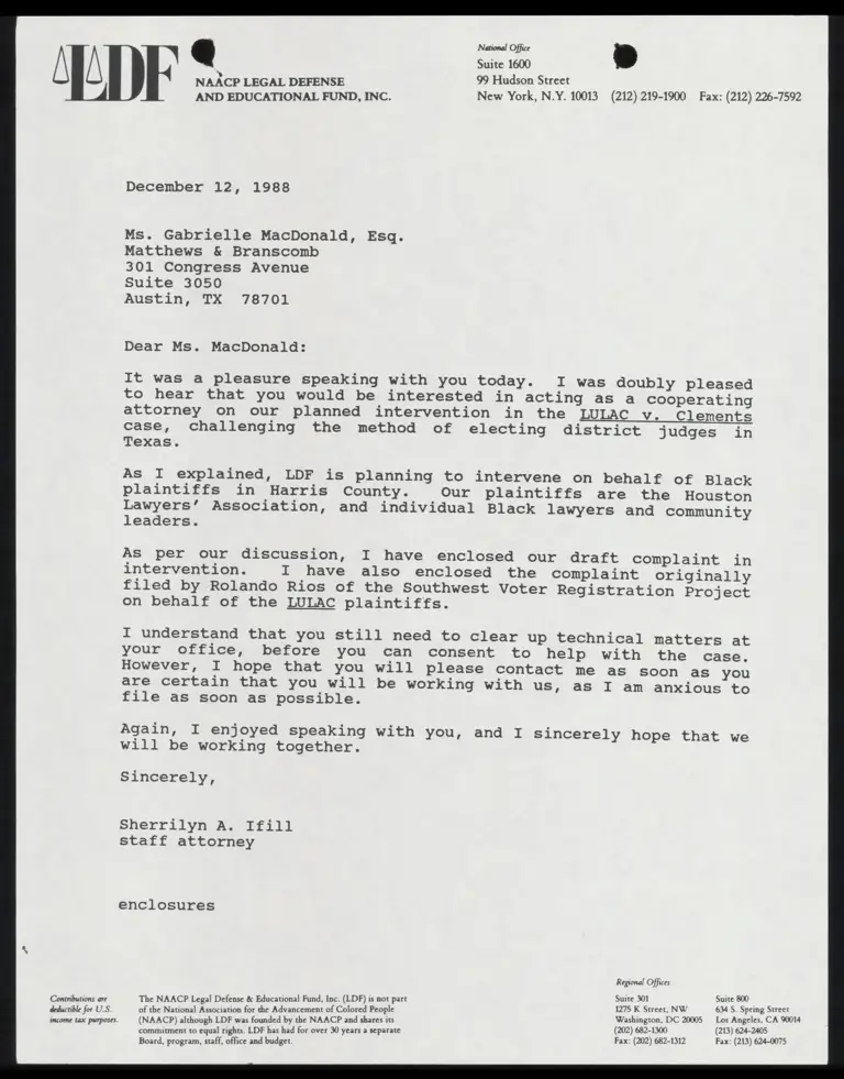 Correspondence from Ifill to McDonald with Complaint in Intervention; Motion of HLA Plaintiffs to Intervene; Memorandum in Support of Motion preview
