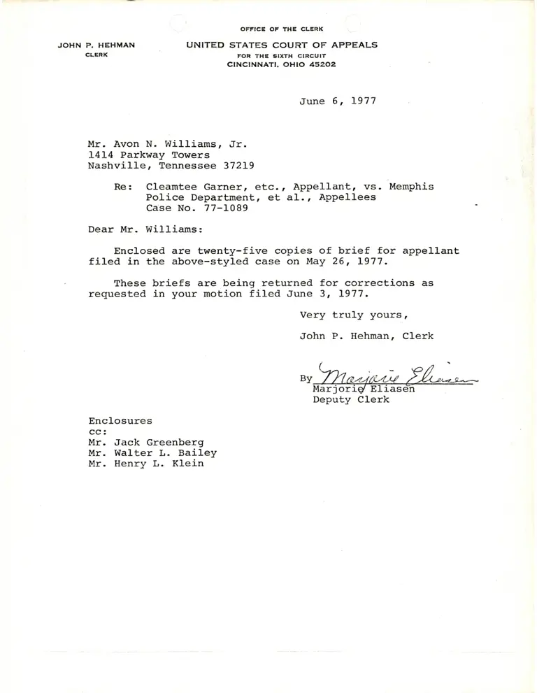 Correspondence from Marjorie Eliasen to Avon N. Williams Jr. preview