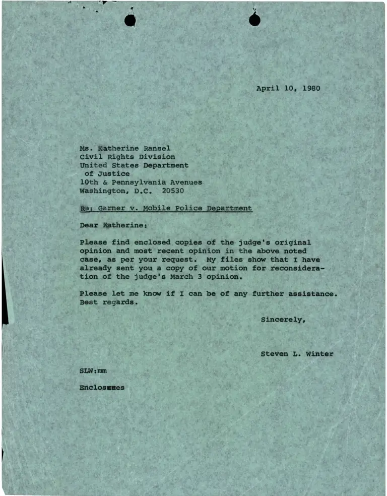 Correspondence from Winter to Ransel Re: Judge's Opinion preview