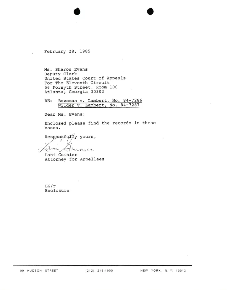 Correspondence from Lani Guinier to Sharon Evans (Deputy Clerk) Re: Bozeman v. Lambert and Wilder v. Lambert preview