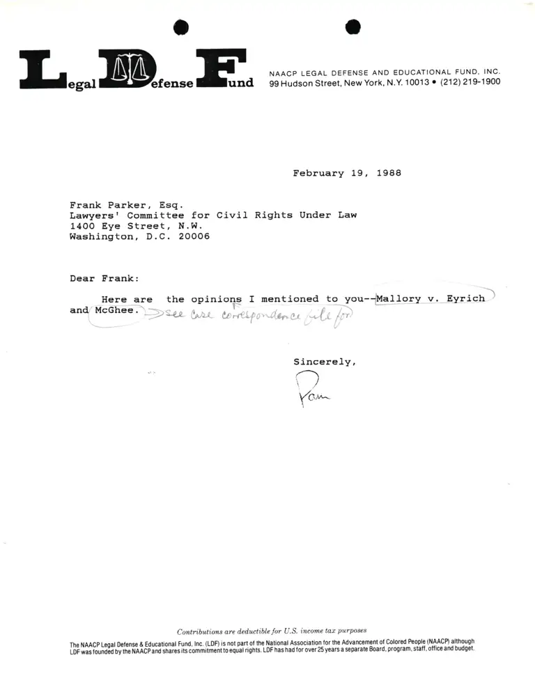 Correspondence from Pamela Karlan to Frank Parker (Lawyer's Committee for Civil Rights Under Law) preview