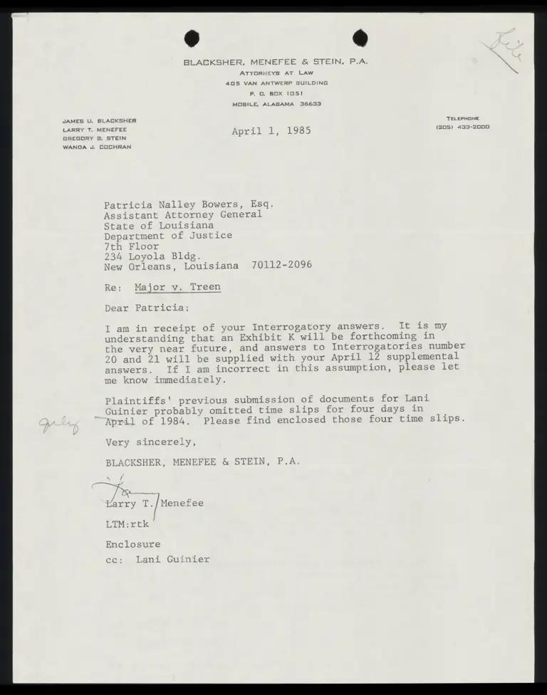 Correspondence from Menefee to Bowers preview