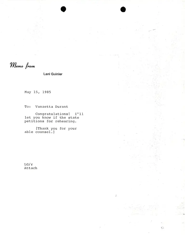 Memorandum from Lani Guinier to Vanzetta Durant preview