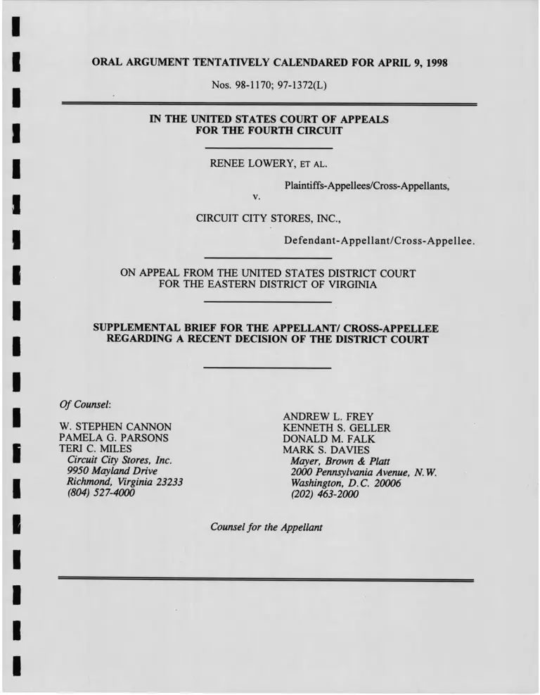Lowery v. Circuit City Stores Supplemental Brief for the Appellant/Cross-Appellee Regarding a Recent Decision of the District Court preview