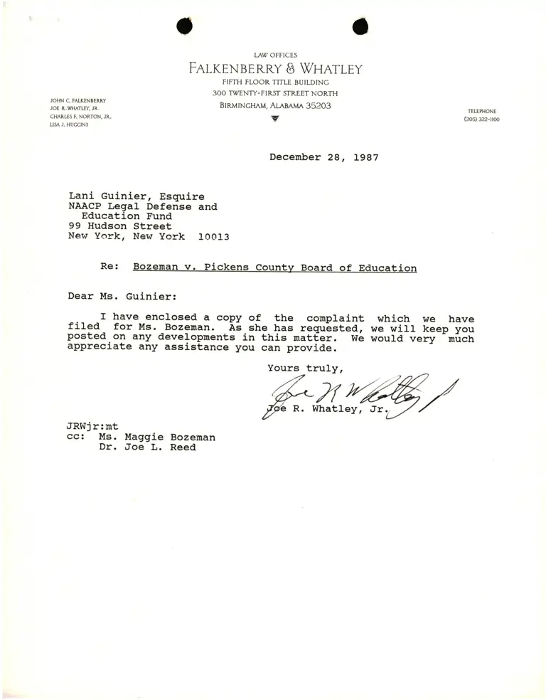 Correspondence from Joe Whatley to Lani Guinier Re Bozeman v. Pickens County Bd. of Elections preview