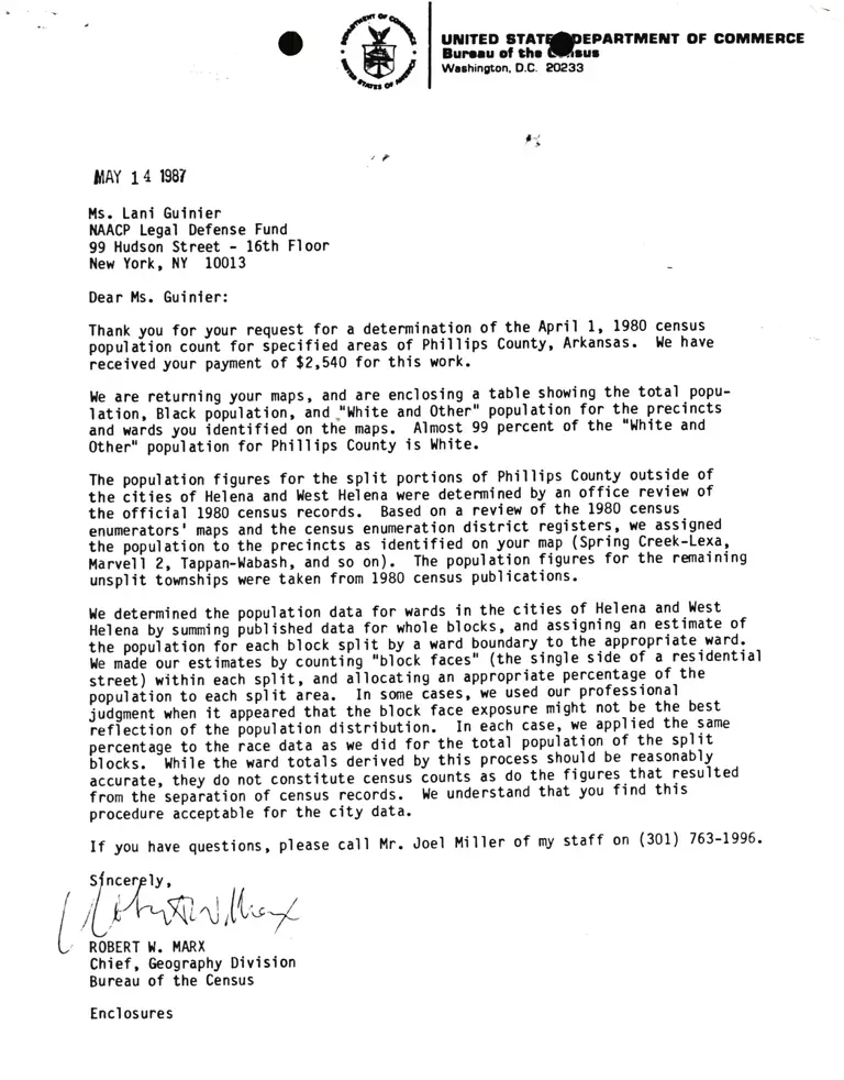 Correspondence from Robert W. Marx (Bureau of the Census) to Lani Guinier; 1980 Census Population Counts by Race for Arkansas Counties preview