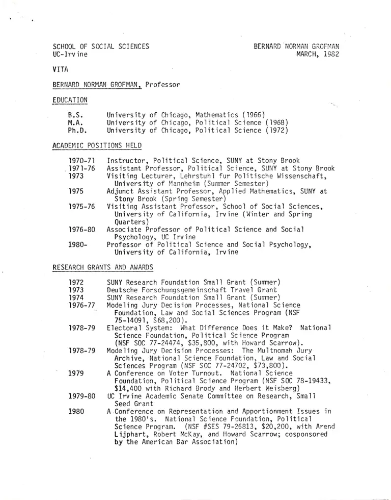 Dr. Bernard Norman Grofman Curriculum Vitae preview