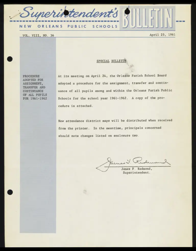 Special Bulletin; Recommended Procedure for the Assignment, Transfer and Continuance of Pupils preview
