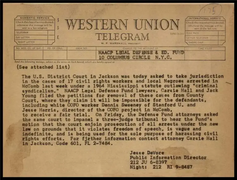 Ask Fed. Dist. Ct. to Take Jurisdiction in Cases of 17 Rights Workers Arrested in McComb, Miss. for Criminal Syndicalism (Telegram) preview