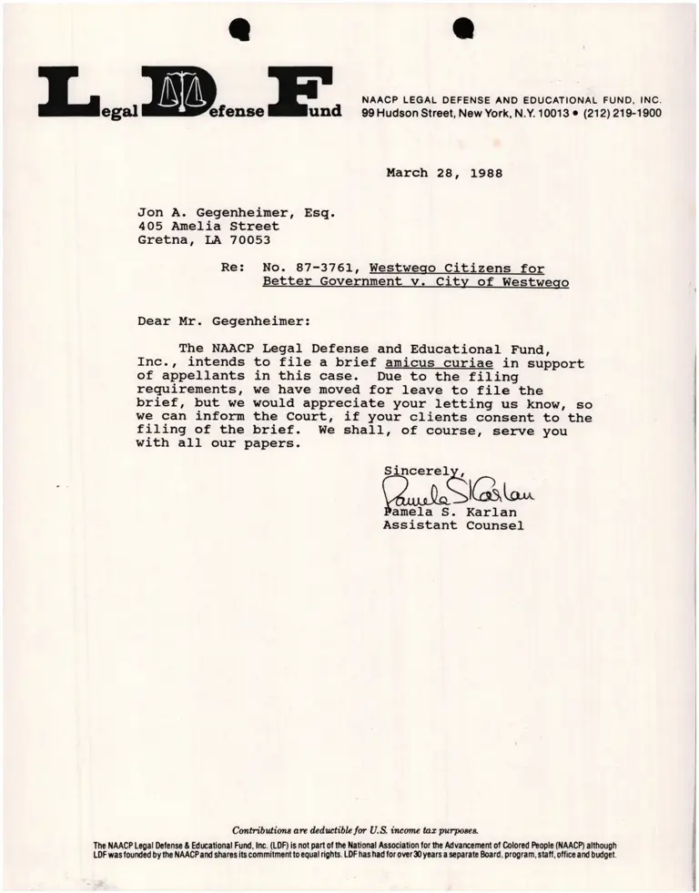Correspondence from Pamela Karlan to Jon A. Gegenheimer, Esq. Re. Westwego Citizens for Better Government v. City of Westwego preview