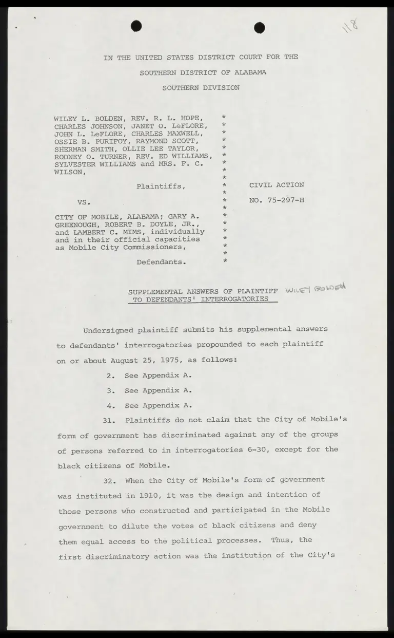 Supplemental Answers of Plaintiff Wiley Bolden to Defendants' Interrogatories preview