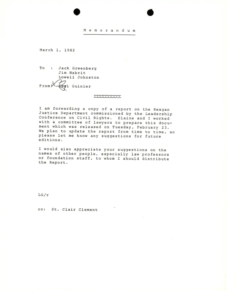 Memo from Lani Guinier to Greenberg, Nabrit and Johnston RE: Reagan Justice Department preview