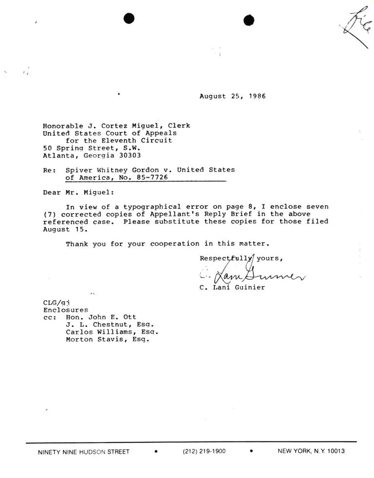 Correspondence from Lani Guinier to J. Cortez Miguel (Clerk) Re: Spiver Gordon v. United States preview