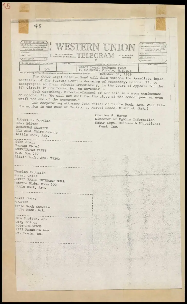Motions for School Desegregation in St. Louis, Mo. and Little Rock, Ark. Following Supreme Court Decision (Telegram) preview