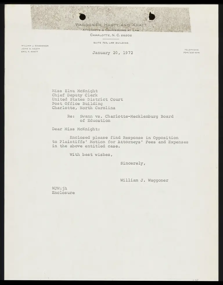Correspondence from Waggoner to Clerk Re: Response in Opposition to Motion for Expenses preview