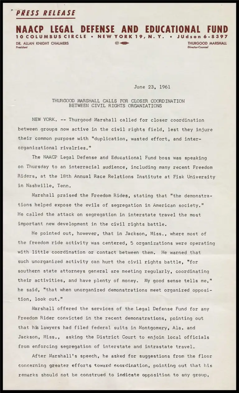 Thurgood Marshall Calls for Closer Coordination Between Civil Rights Organizations preview