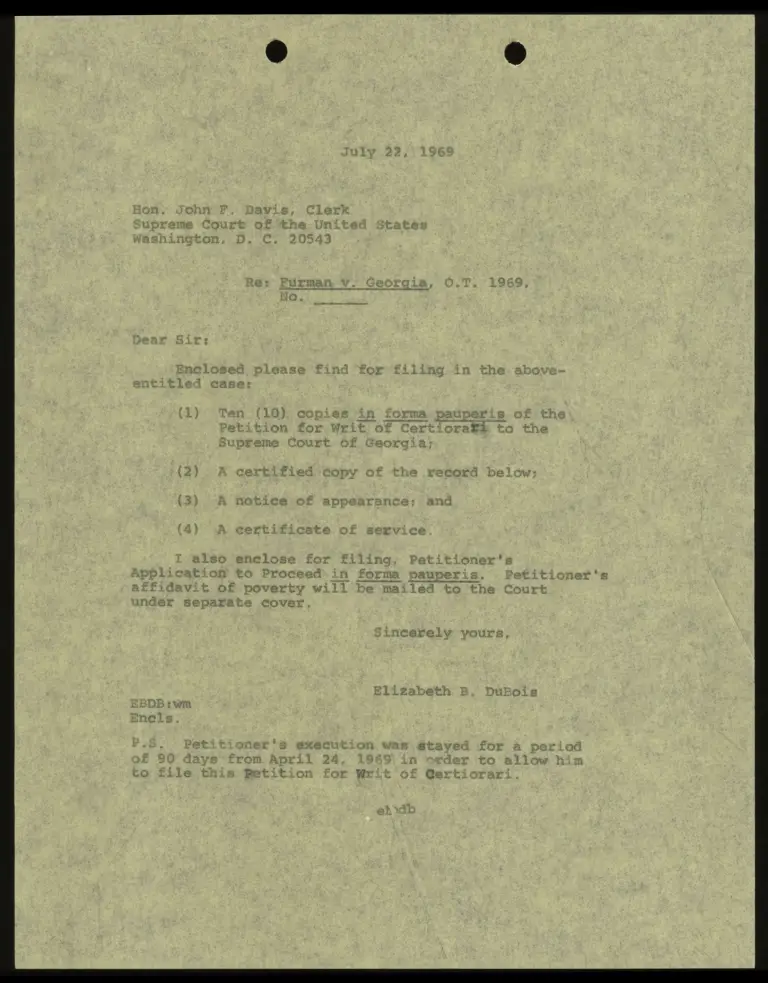 Correspondence from DuBois to Clerk Re Filing Multiple Documents preview