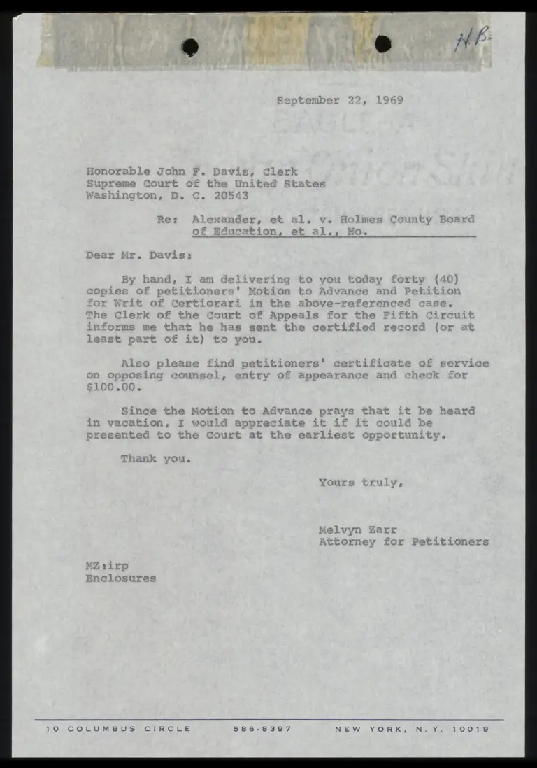 Letter from Zarr to Court RE: Petitioners' Motion to Advance and Petition for Writ of Certiorari preview