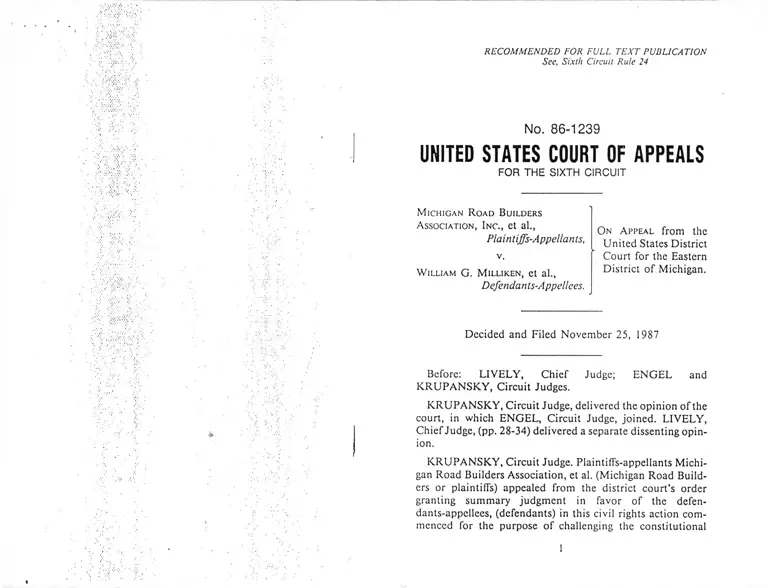 Michigan Road Builders v. Millikan Court Opinion preview
