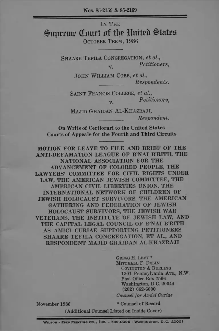 Shaare Tefila Congregation v Cobb Brief of Amici Curiae and Motion to Leave preview