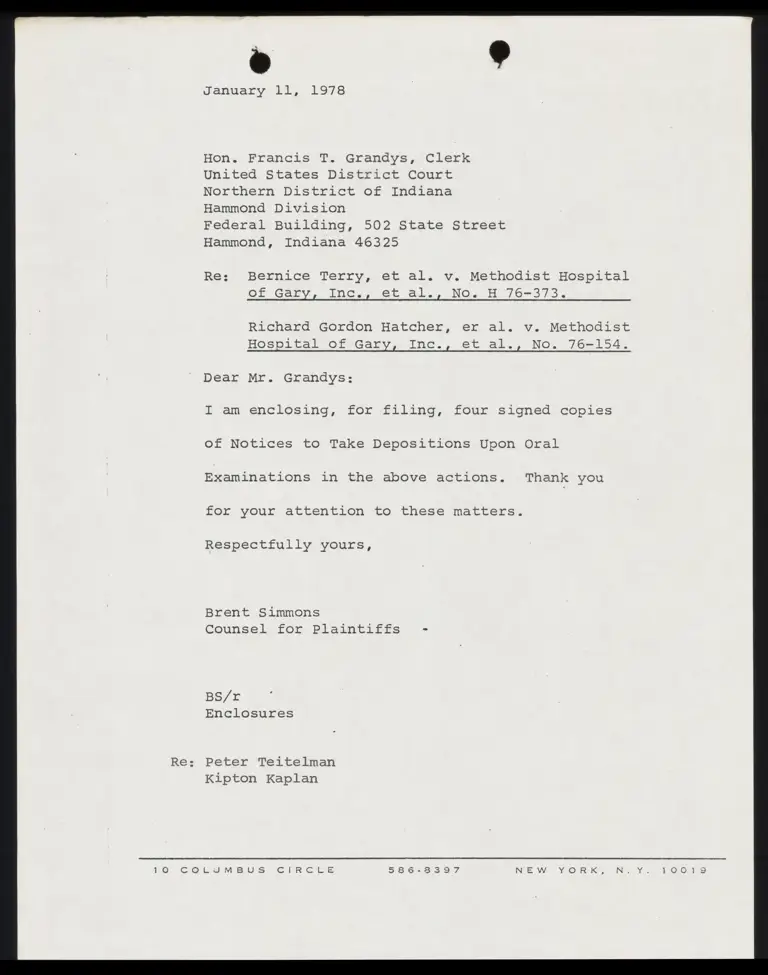 Correspondence from Simmons to Clerk Re: Notices to Take Depositions preview