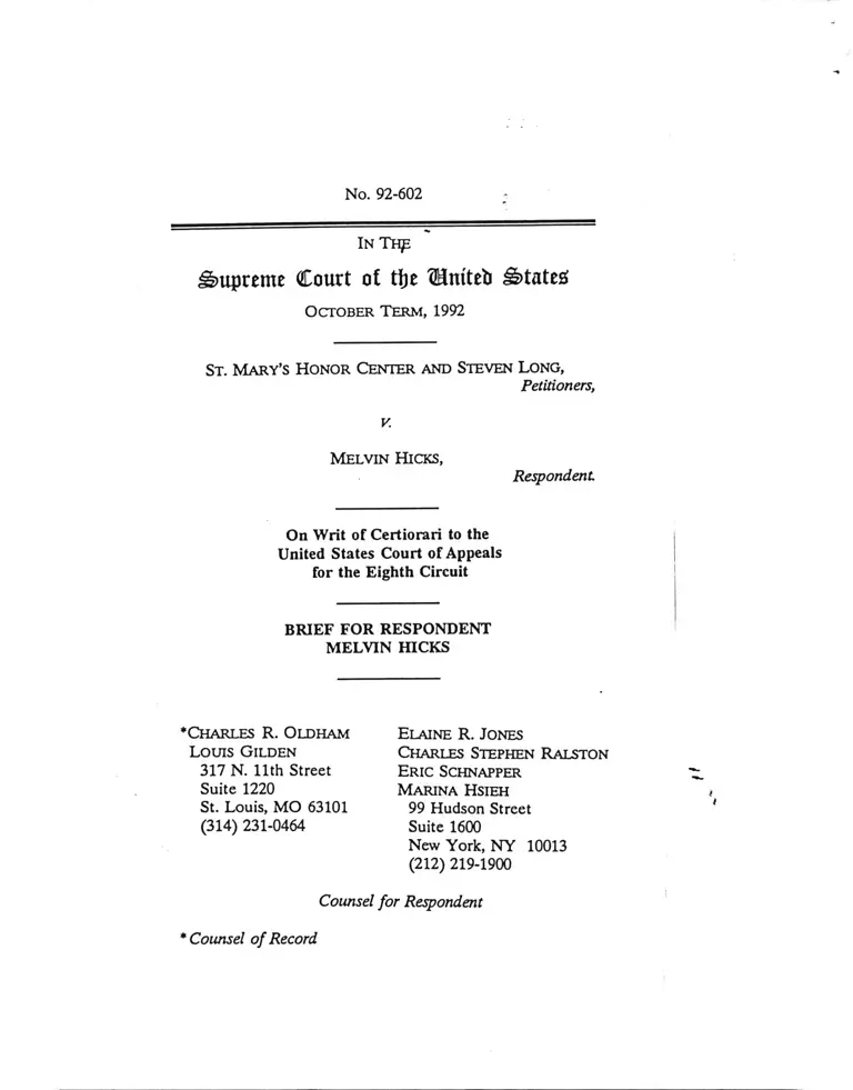 St. Mary's Honor Center v Hicks Brief for Respondent preview