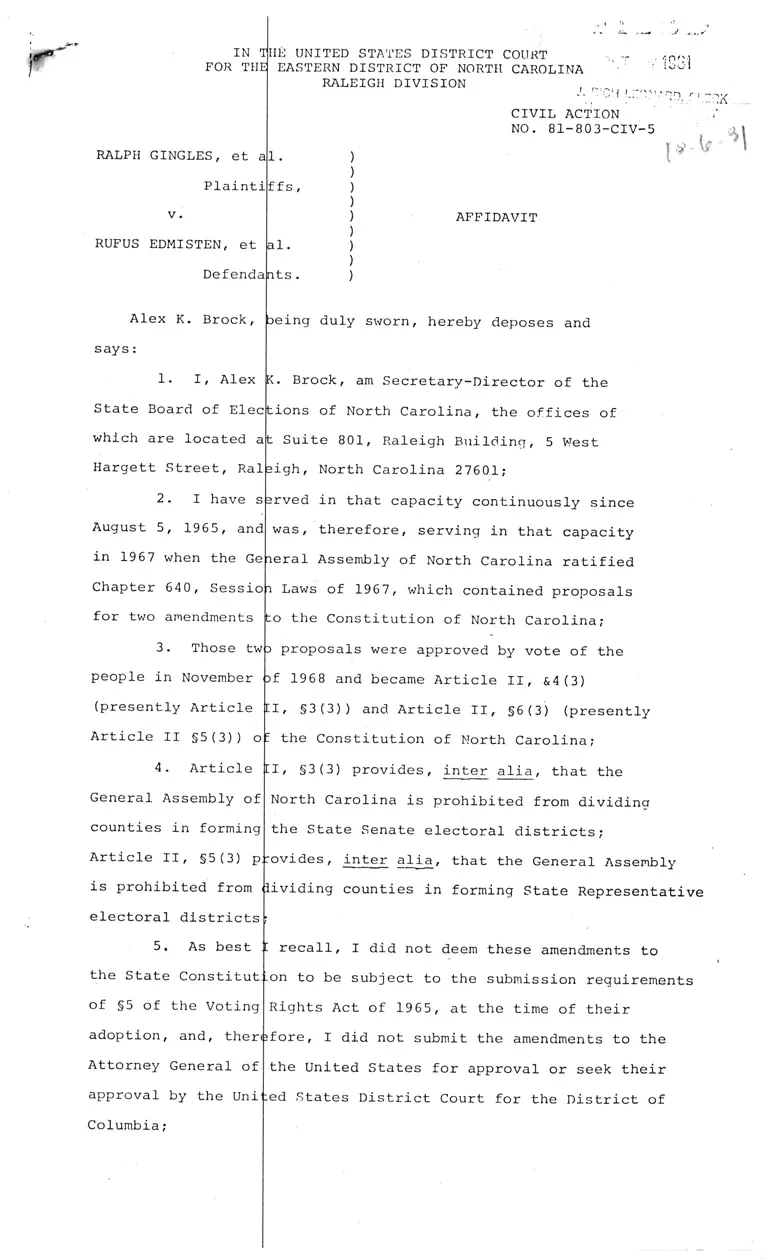 Affidavit; Correspondence from Brock to Bradford Reynolds; List of North Carolina Constitutional Amendments; Correspondences from Brock to Bradford Reynolds; Memorandum from Sanders to Wallace; Reports of the Legislative Research Commission to the General Assembly of North Carolina, 1967 preview