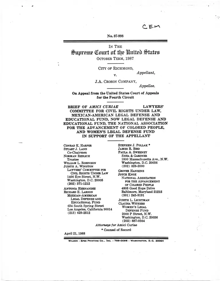 Richmond v JA Croson Company Brief Amici Curiae in Support of Appellant preview