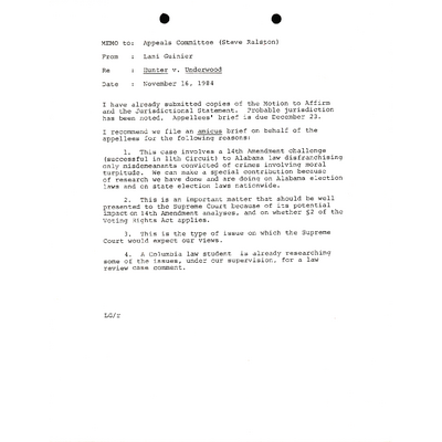 Memo from Lani Guinier to Appeals Committee (Steve Ralston) RE: Hunter v. Underwood preview
