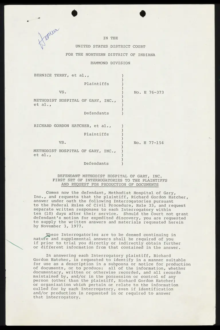 Defendant Methodist Hospital of Gary, Inc. First Set of Interrogatories to the Plaintiffs and Request for Production of Documents Version 2 preview