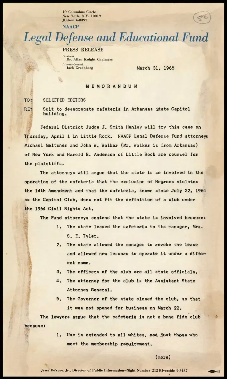 Memo on Suit to Desegregate Cafeteria in Ark. Capitol Building preview