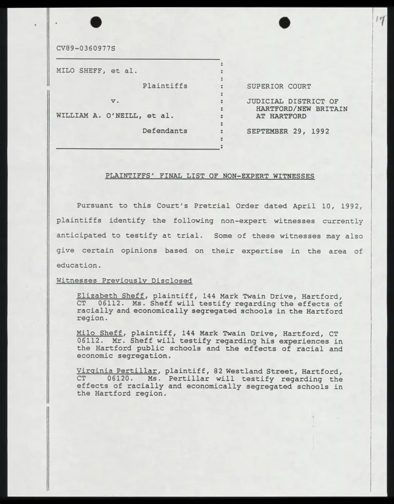 Plaintiffs' Final List of Non-Expert Witnesses with Certificate of Service preview