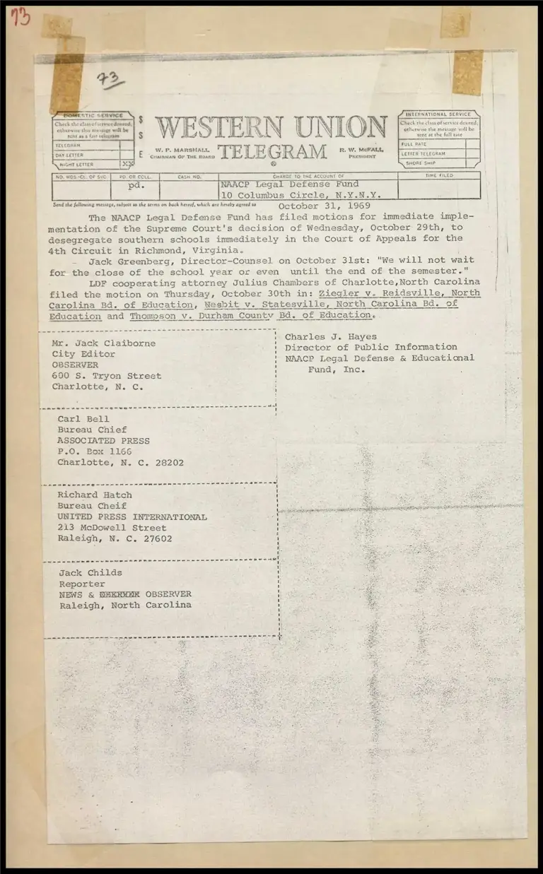LDF Files for Implementation of Supreme Court Southern School Desegregation (Telegram) preview
