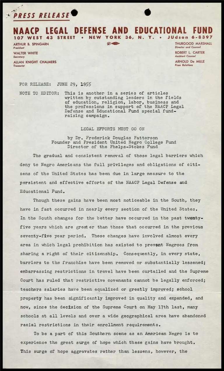 Legal Efforts Must Go on by Dr. Frederick Douglas Patterson preview