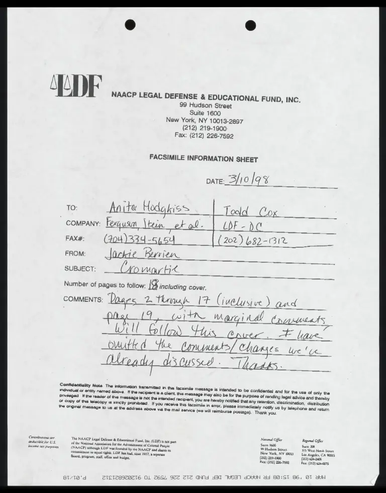 Fax to Hodgkiss From Berrien RE Brief Opposing Preliminary Injunction preview