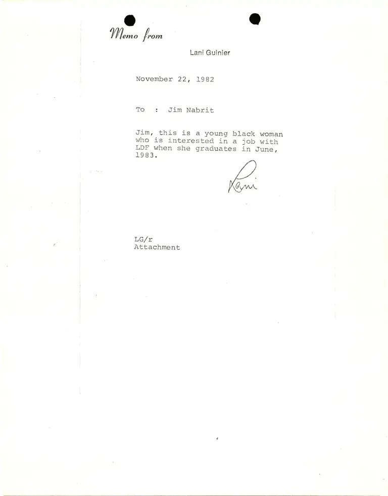 Memo from Lani Guinier to Jim Nabrit (cover memo without attachment) preview