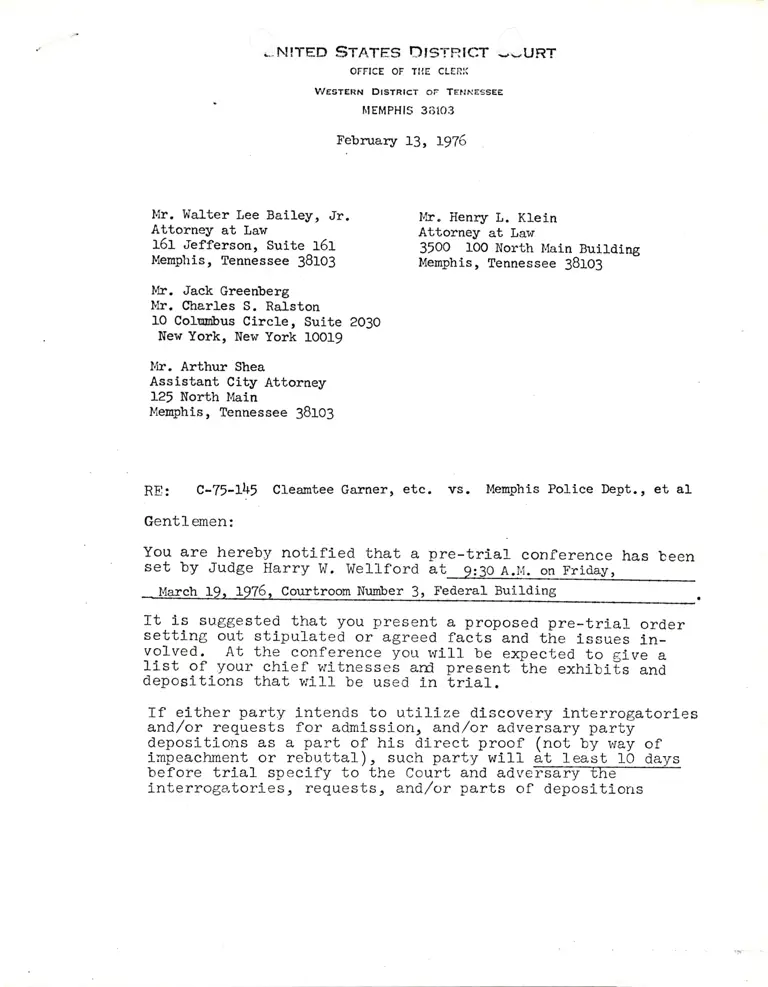 Correspondence from Clerk J. Franklin Reid to Walter Lee Bailey Jr. on Pre-Trial Conference preview