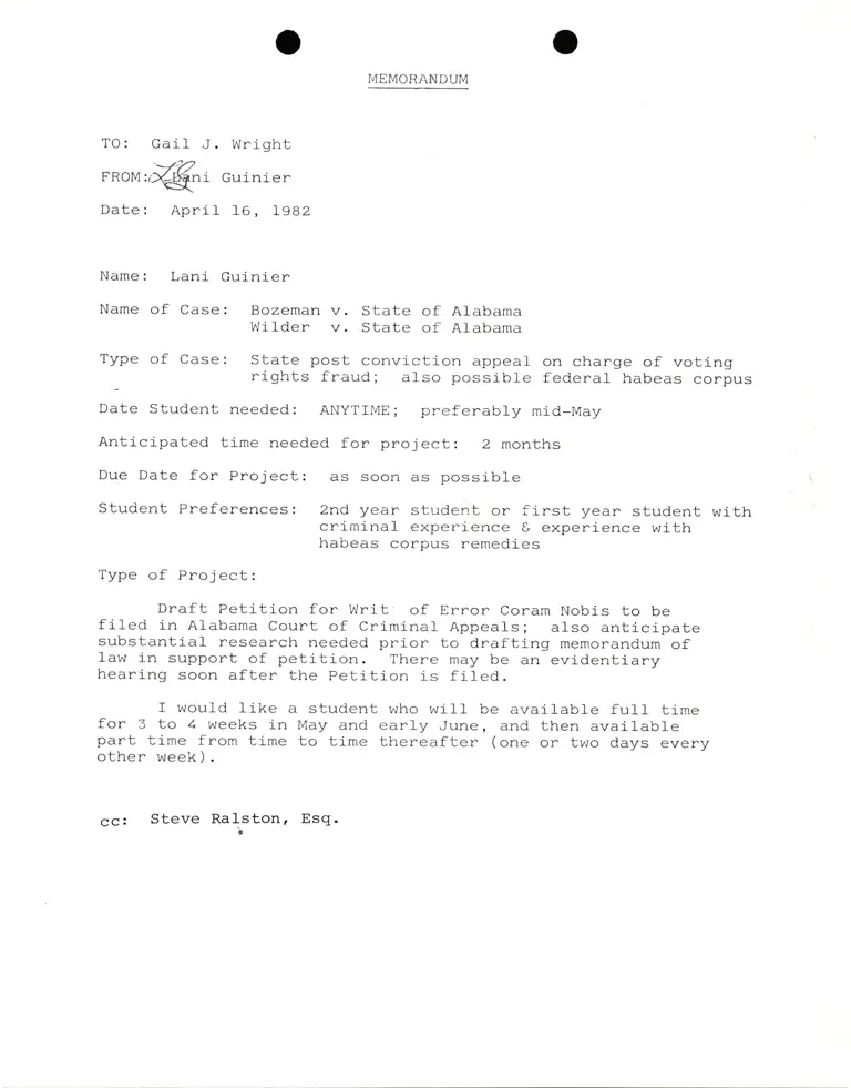 Memo from Lani Guinier to Gail J. Wright RE: Request for Law Student Paralegal/Intern for Bozeman and Wilder Cases preview