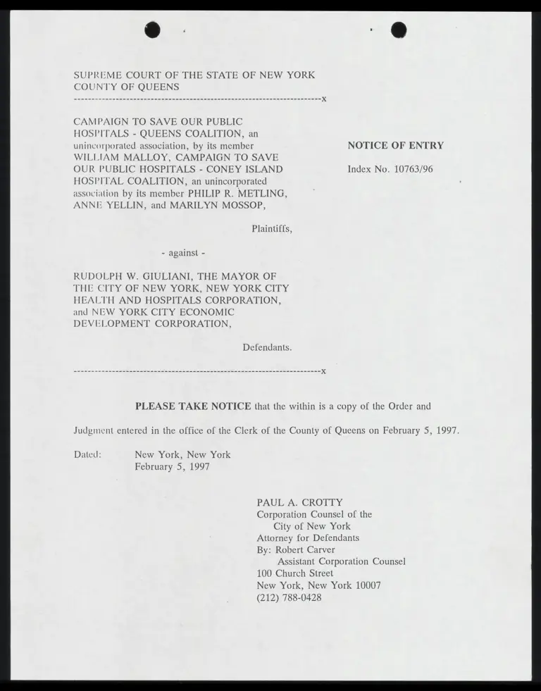 Notice of Entry and Proposed Order and Judgment preview