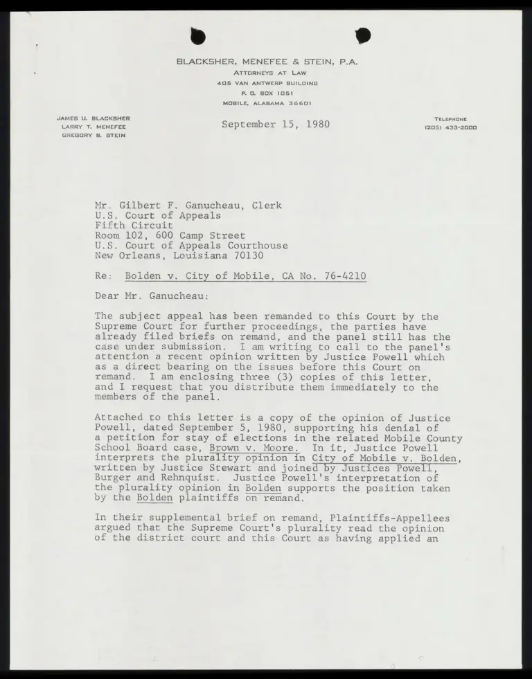 Correspondence from Blacksher to Clerk preview